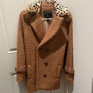 Zara Tan Double-Breasted Coat with Animal Print Collar